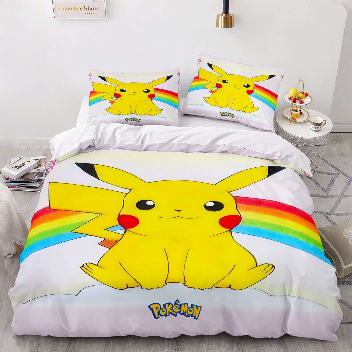 PKM Bedding Set PKM Pikachu And Rainbow Duvet Covers White Unique Gift