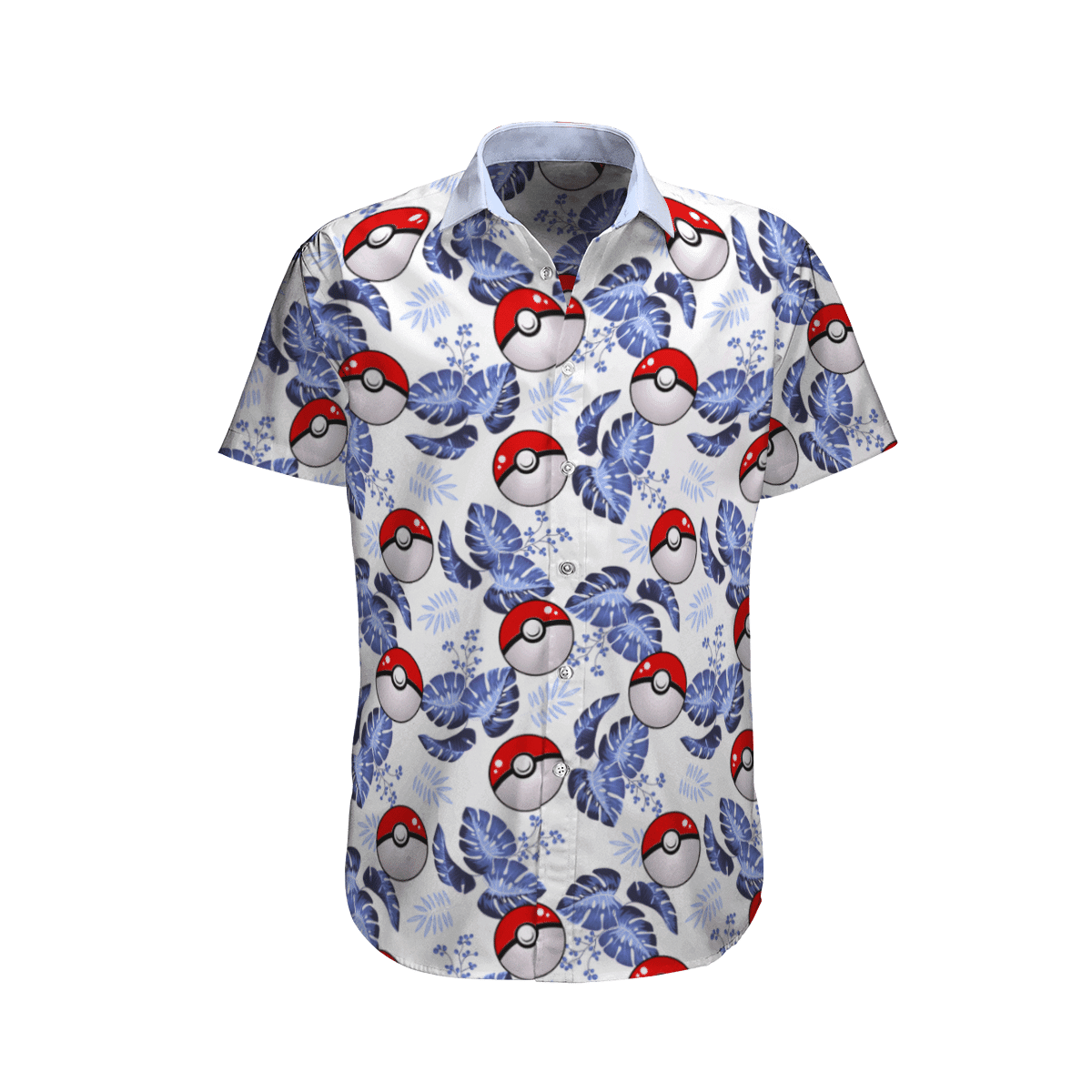 PKM Hawaii Shirt Pokeball Tropical Leaves Pattern Aloha Shirt White Blue Unisex