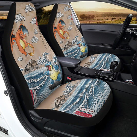 PKM Car Seat Covers Charizard Fights Blastoise The Great Wave Seat Covers Colorful