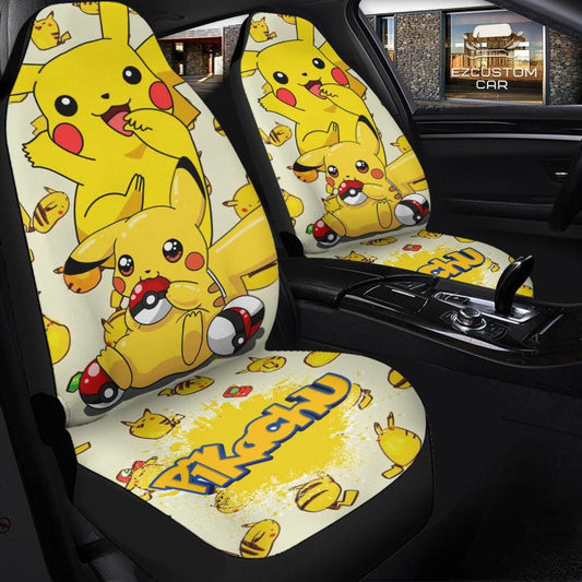 PKM Car Seat Covers PKM Pikachu With Pokeball Cute Pattern Seat Covers White Yellow