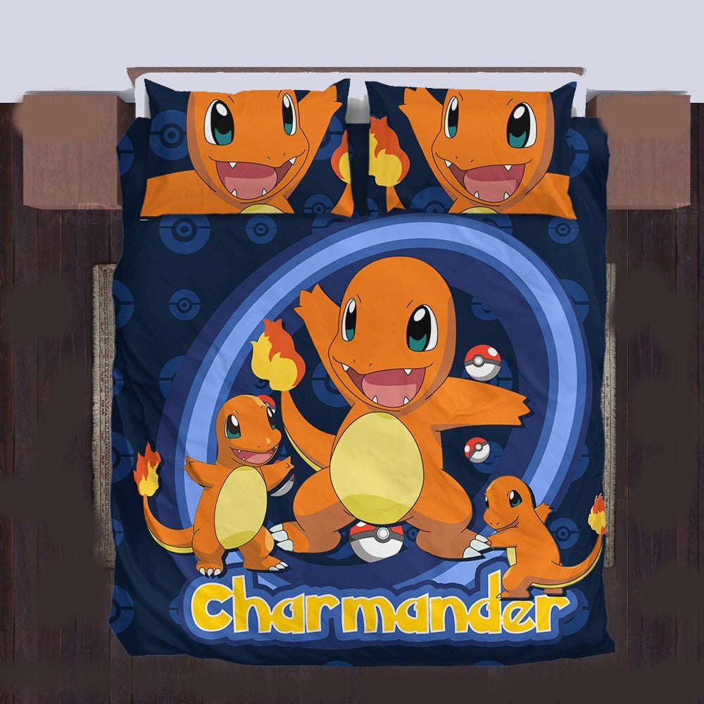 PKM Bedding Set PKM Charmander Pokeball Pattern Duvet Covers Blue Orange Unique Gift