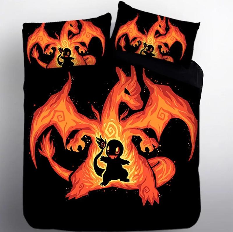 PKM Bedding Set PKM Charmander Nomal To Evolution Duvet Covers Black Orange Unique Gift