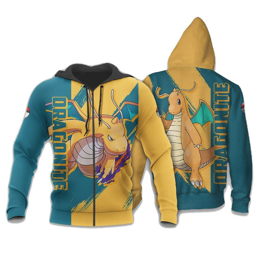 PKM Zip Hoodie PKM Dragonite Attack Pose Zip Hoodie Blue Yellow Unisex