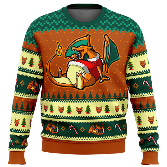 PKM Sweatshirt Charizard Eating Candy Cane Christmas Pattern Sweatshirt Orange Green Unisex