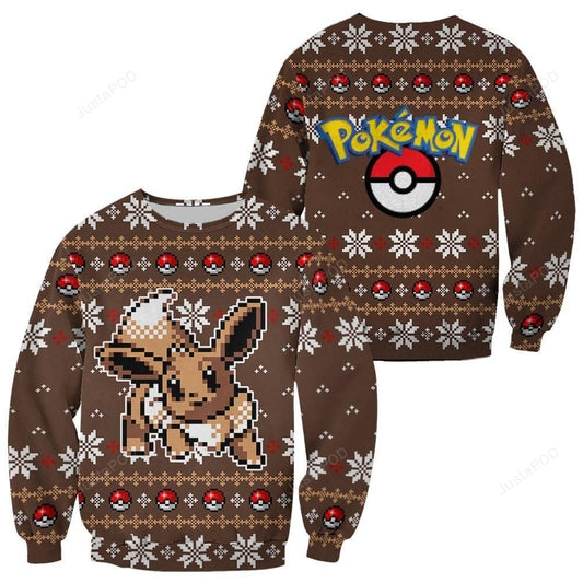 PKM Sweatshirt PKM Eevee Christmas Pokeball Pattern Sweatshirt Brown Unisex