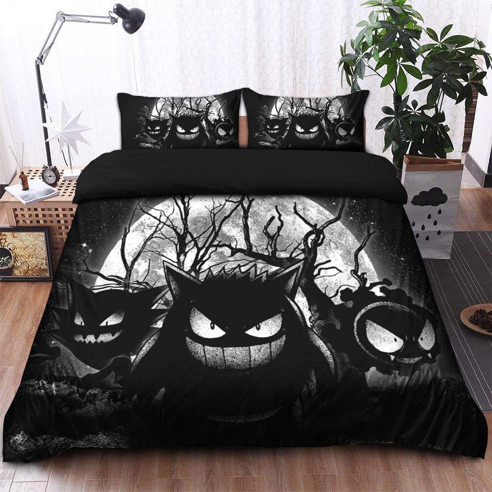 PKM Bedding Set Ghost Haunter Gengar Moonlight Duvet Covers Black White Unique Gift