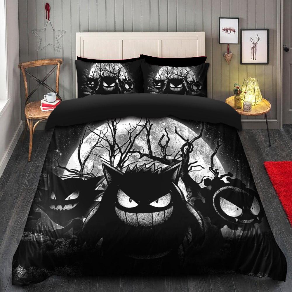 PKM Bedding Set Ghost Haunter Gengar Moonlight Duvet Covers Black White Unique Gift