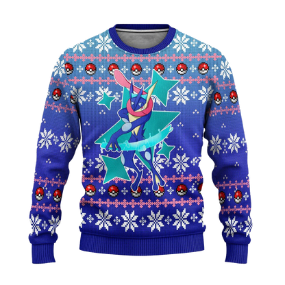 PKM Sweatshirt PKM Greninja Pokeball Christmas Pattern Sweatshirt Blue Unisex