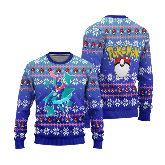 PKM Sweatshirt PKM Greninja Pokeball Christmas Pattern Sweatshirt Blue Unisex