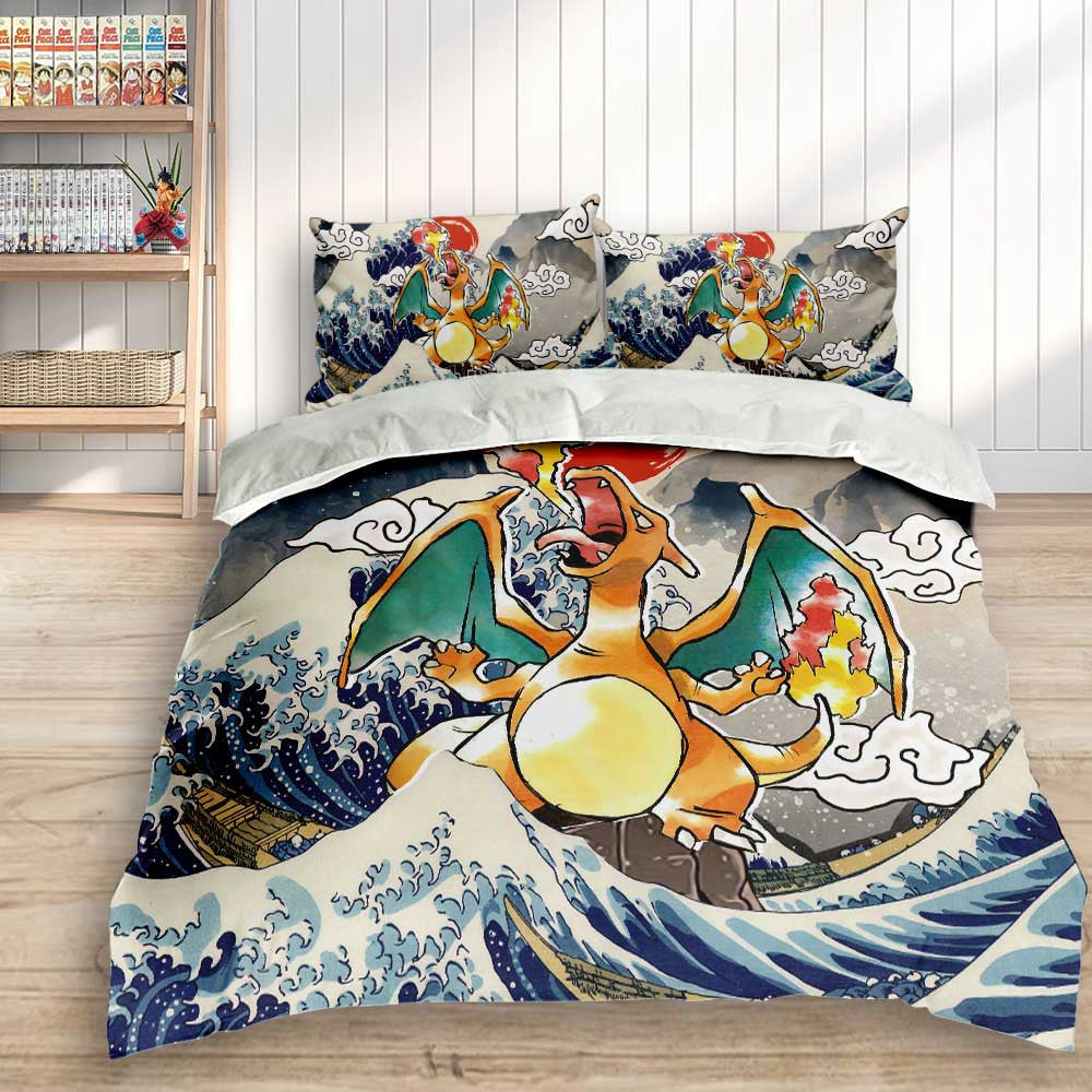 PKM Bedding Set Kanagawa Great Wave PKM Charizard Duvet Covers Gray Blue Unique Gift