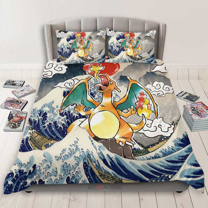 PKM Bedding Set Kanagawa Great Wave PKM Charizard Duvet Covers Gray Blue Unique Gift