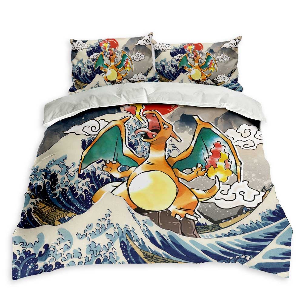 PKM Bedding Set Kanagawa Great Wave PKM Charizard Duvet Covers Gray Blue Unique Gift