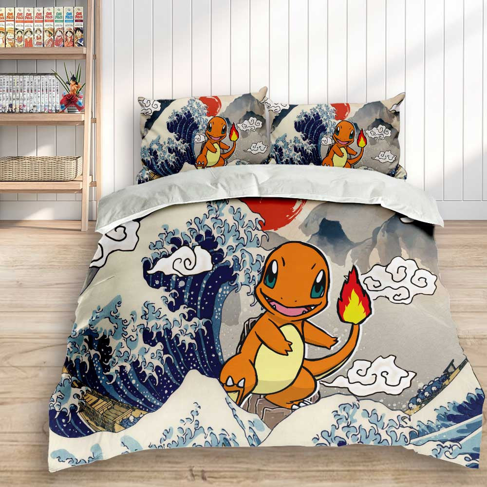 PKM Bedding Set Kanagawa Great Wave PKM Charmander Duvet Covers Gray Blue Unique Gift