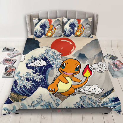 PKM Bedding Set Kanagawa Great Wave PKM Charmander Duvet Covers Gray Blue Unique Gift