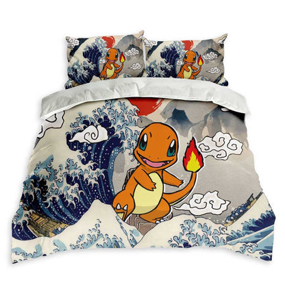 PKM Bedding Set Kanagawa Great Wave PKM Charmander Duvet Covers Gray Blue Unique Gift