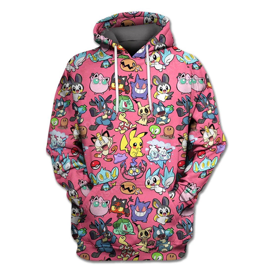 PKM Hoodie All PKM Pikachu Gengar Pattern Hoodie Pink Unisex