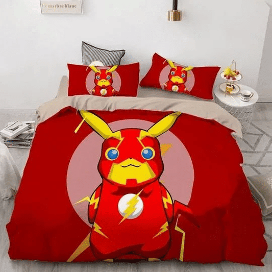 PKM Bedding Set The Flash Pikachu Graphic Duvet Covers Red Unique Gift