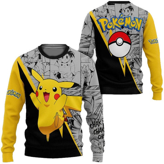 PKM Sweatshirt PKM Pikachu Comic Sweatshirt Yellow Gray Unisex