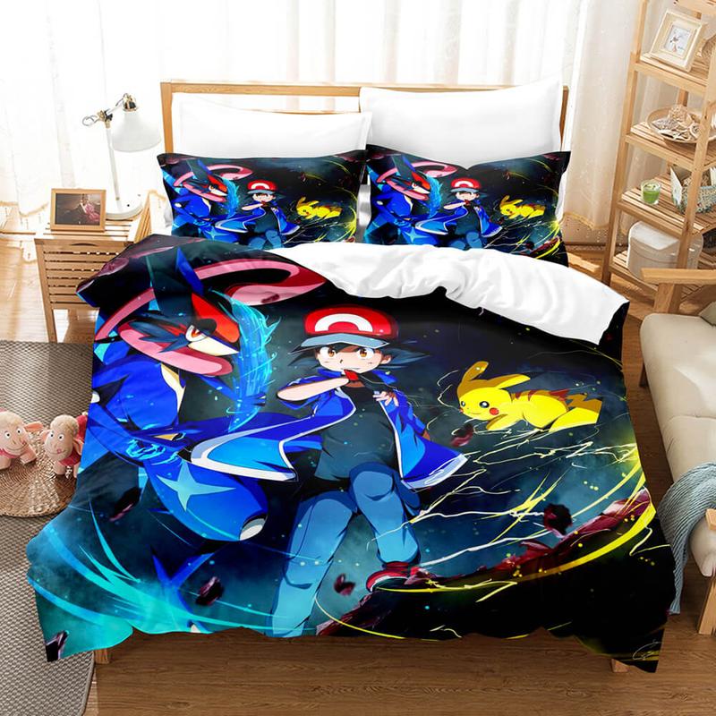 PKM Bedding Set Ash With Pikachu And Greninja Duvet Covers Colorful Unique Gift