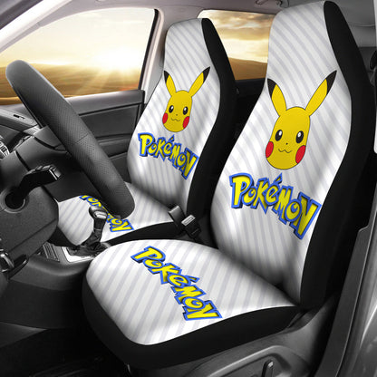 PKM Car Seat Covers PKM Pikachu Cute Face Striped Pattern Seat Covers Gray Yellow