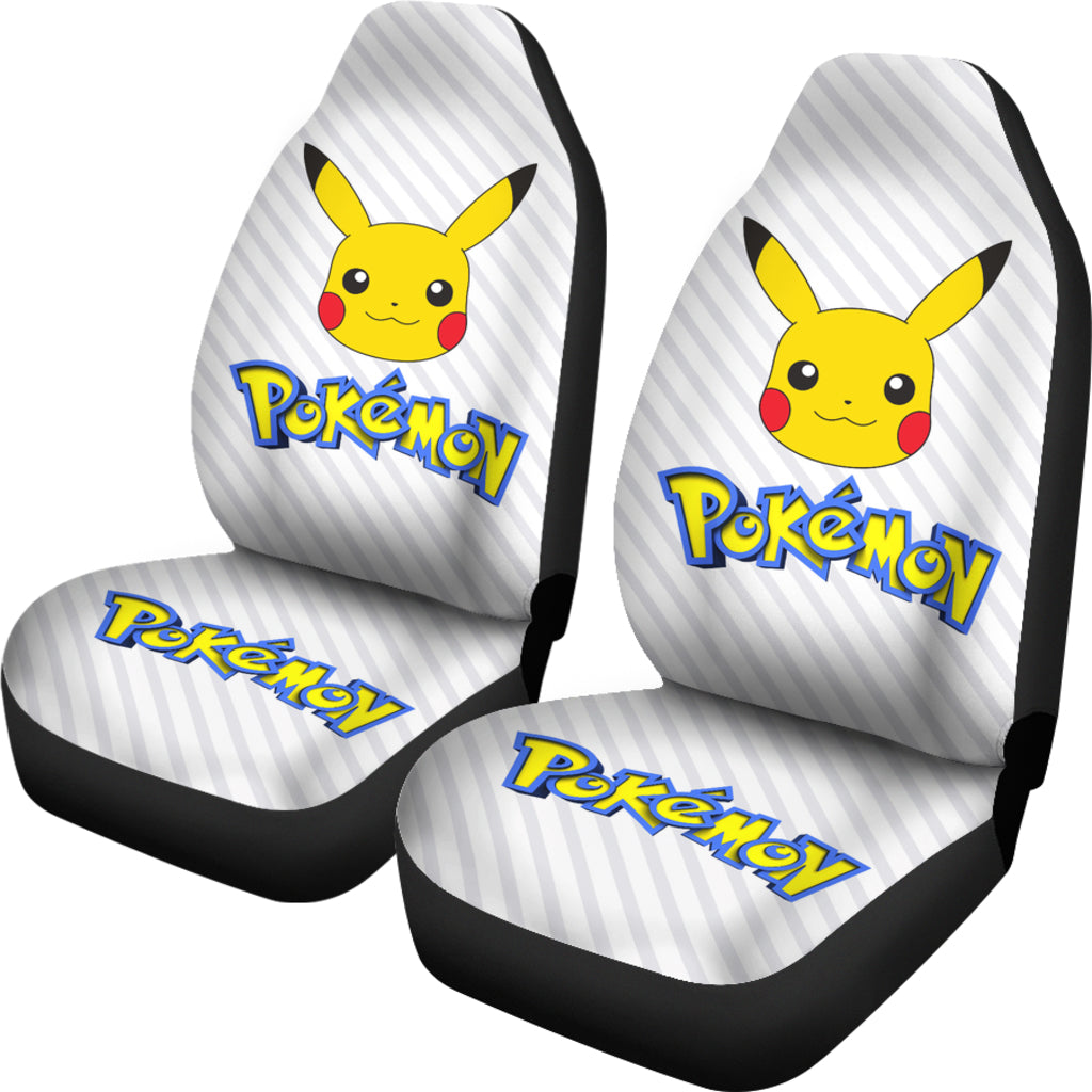 PKM Car Seat Covers PKM Pikachu Cute Face Striped Pattern Seat Covers Gray Yellow