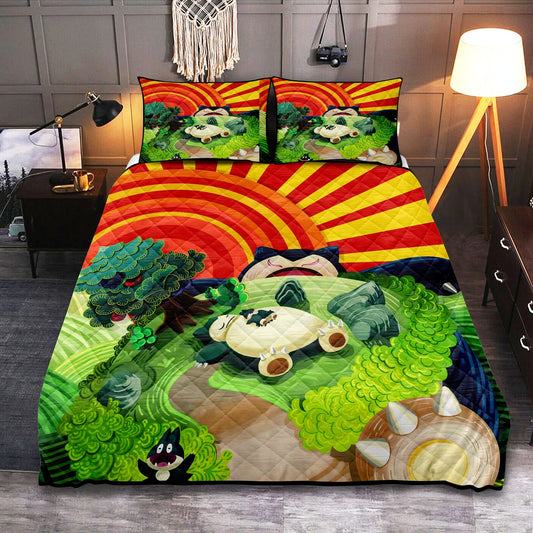 PKM Bedding Set Sleeping Snorlax Art Style Duvet Covers Green Orange Unique Gift