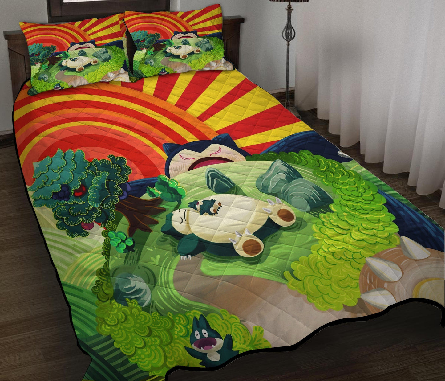 PKM Bedding Set Sleeping Snorlax Art Style Duvet Covers Green Orange Unique Gift