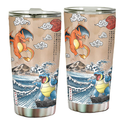 PKM Tumbler Charizard Fights Blastoise The Great Wave Tumbler Cup Colorful