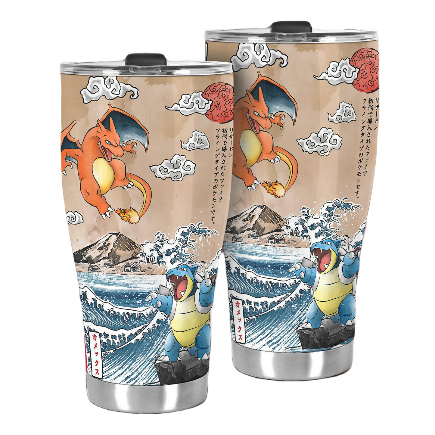 PKM Tumbler Charizard Fights Blastoise The Great Wave Tumbler Cup Colorful