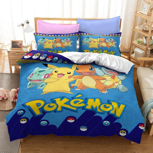 PKM Bedding Set PKM Starters Pikachu Squirtle Duvet Covers Colorful Unique Gift