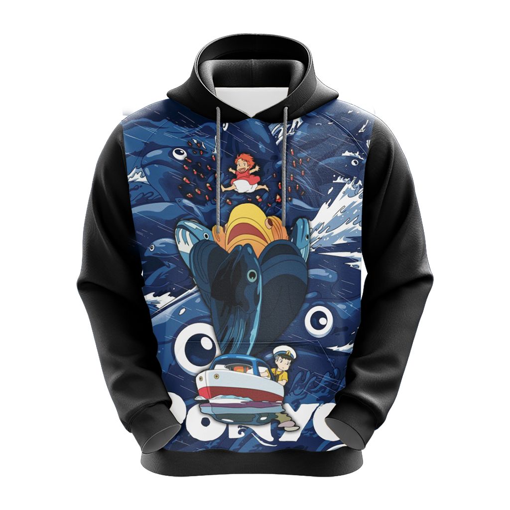 SGhibli Hoodie Ponyo Runs On The Wave Hoodie Blue Black Unisex