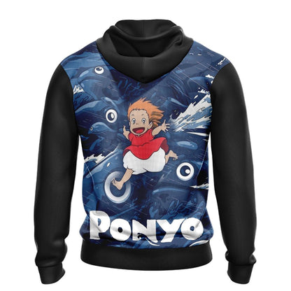 SGhibli Hoodie Ponyo Runs On The Wave Hoodie Blue Black Unisex