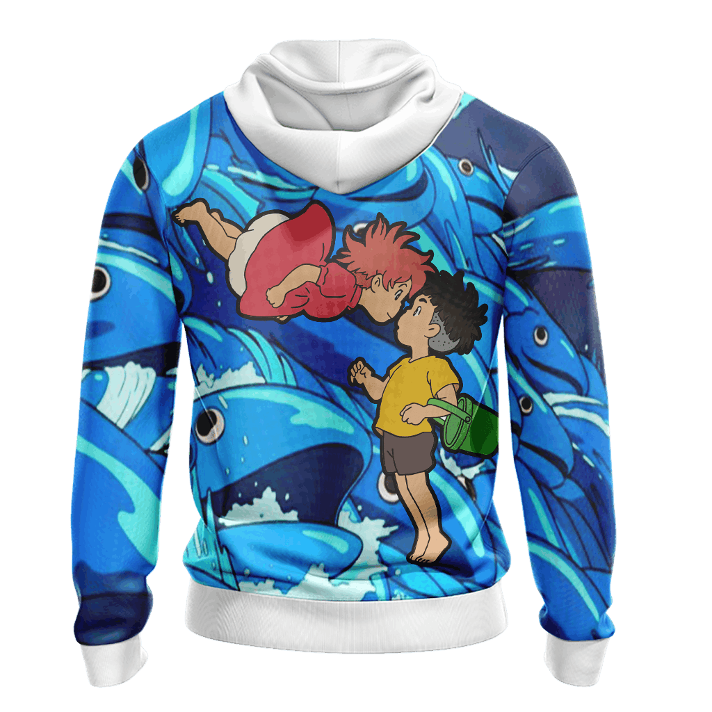 SGhibli Hoodie Ponyo And Sosuke Graphic Hoodie Blue Unisex