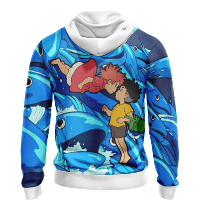 SGhibli Hoodie Ponyo And Sosuke Graphic Hoodie Blue Unisex