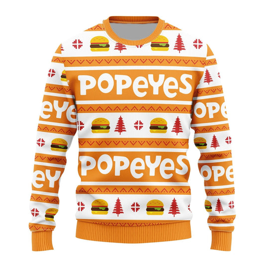 Popeyes Sweatshirt Popeyes Burgers Christmas Tree Pattern Sweatshirt White Orange Unisex