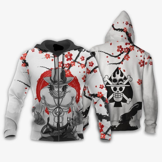 One Piece Zip Hoodie Portgas D Ace Cherry Blossom Style Zip Hoodie White Unisex