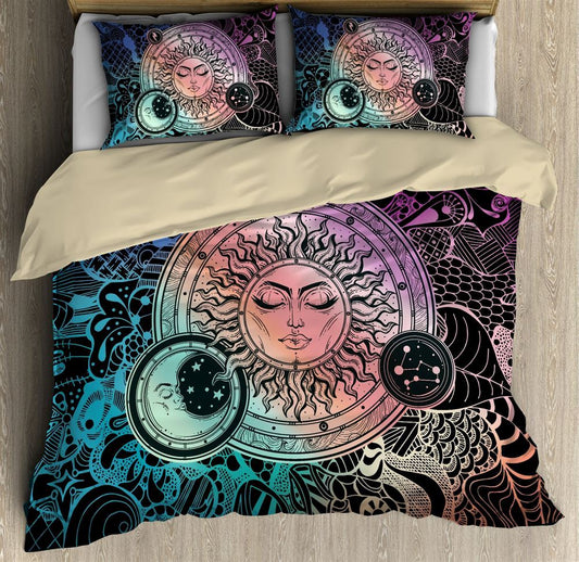 Hippie Bedding Set Hippie Sun Moon Graphic Duvet Covers Black Unique Gift