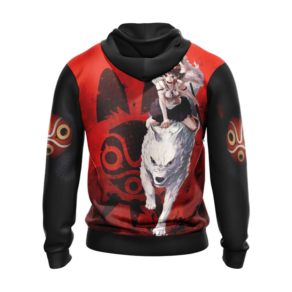 SGhibli Hoodie Princess Mononoke And Wolf Graphic Hoodie Black Red Unisex