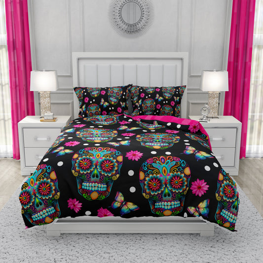 Skull Bedding Set Sugar Skulls With Flowers Duvet Covers Black Unique Gift