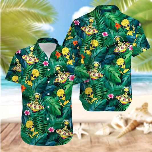 Unifinz Alien UFO Hawaiian Shirt Alien In UFO Tropical Green Hawaii Aloha Shirt 2022