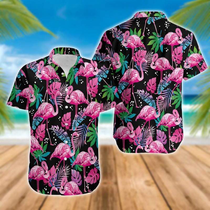 Unifinz Flamingo Aloha Shirt Black Background Flamingo Tropical Hawaiian Shirt Flamingo Hawaii Shirt 2022