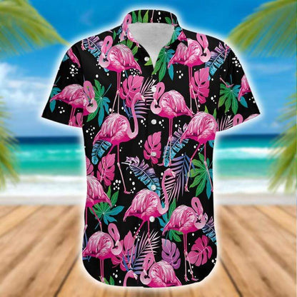 Unifinz Flamingo Aloha Shirt Black Background Flamingo Tropical Hawaiian Shirt Flamingo Hawaii Shirt 2023