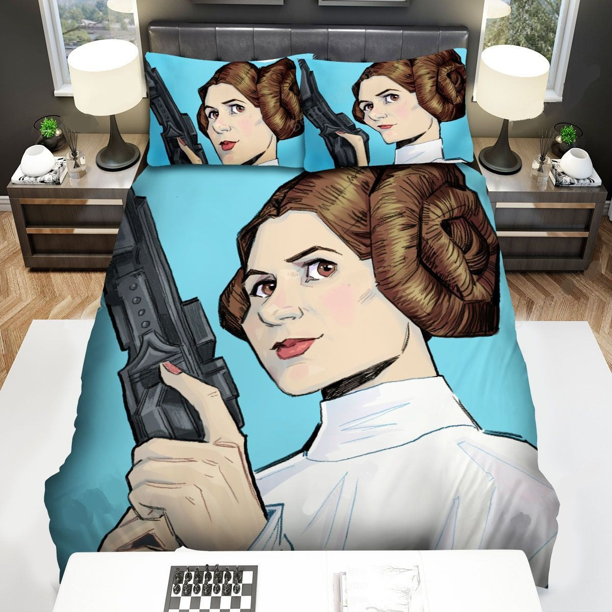 SW Bedding Set Princess Leia With Her Blaster Duvet Covers Blue Unique Gift