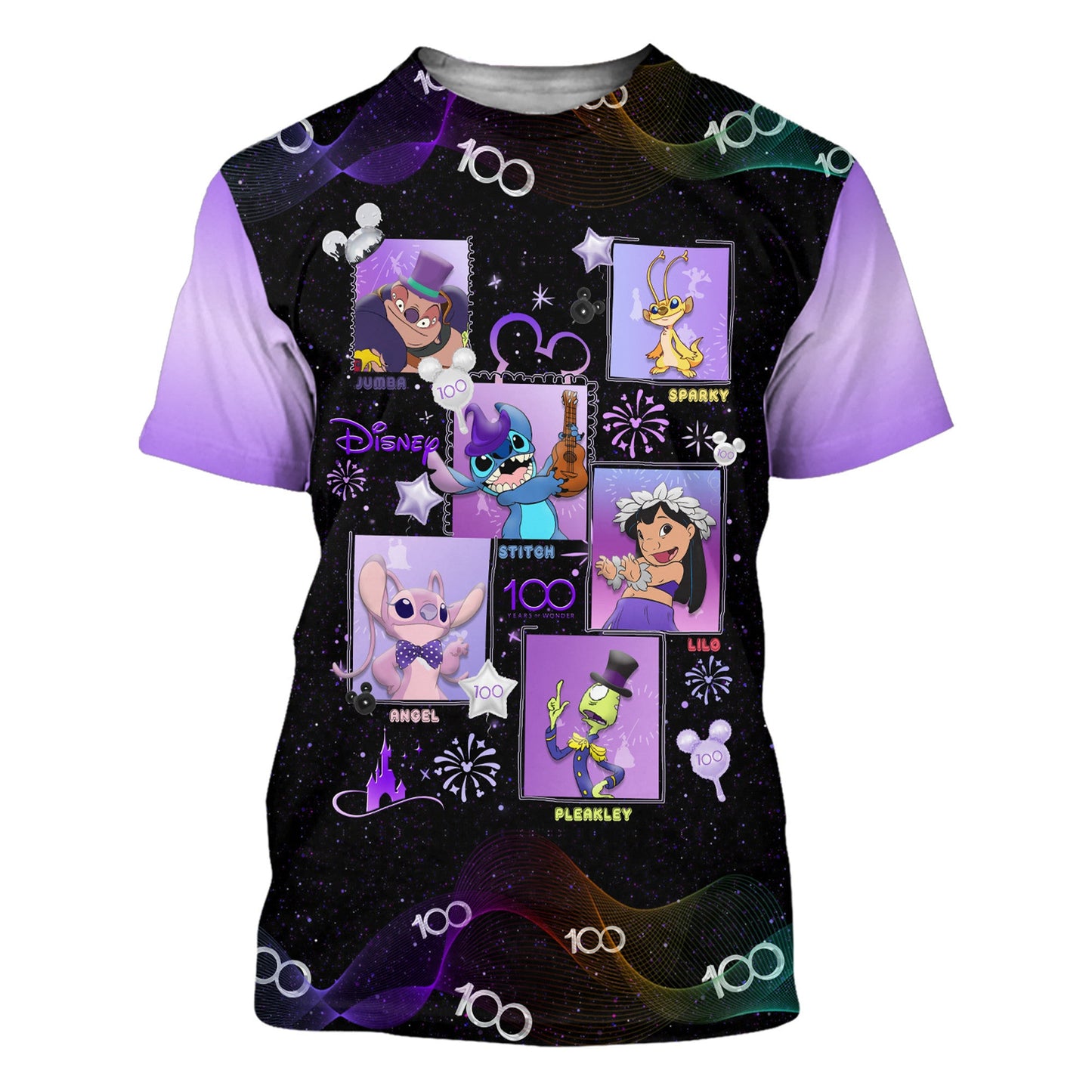 DN T-shirt Lilo And Stitch Square DN 100 Years Of Wonder T-shirt Black Purple Unisex Adults New Release