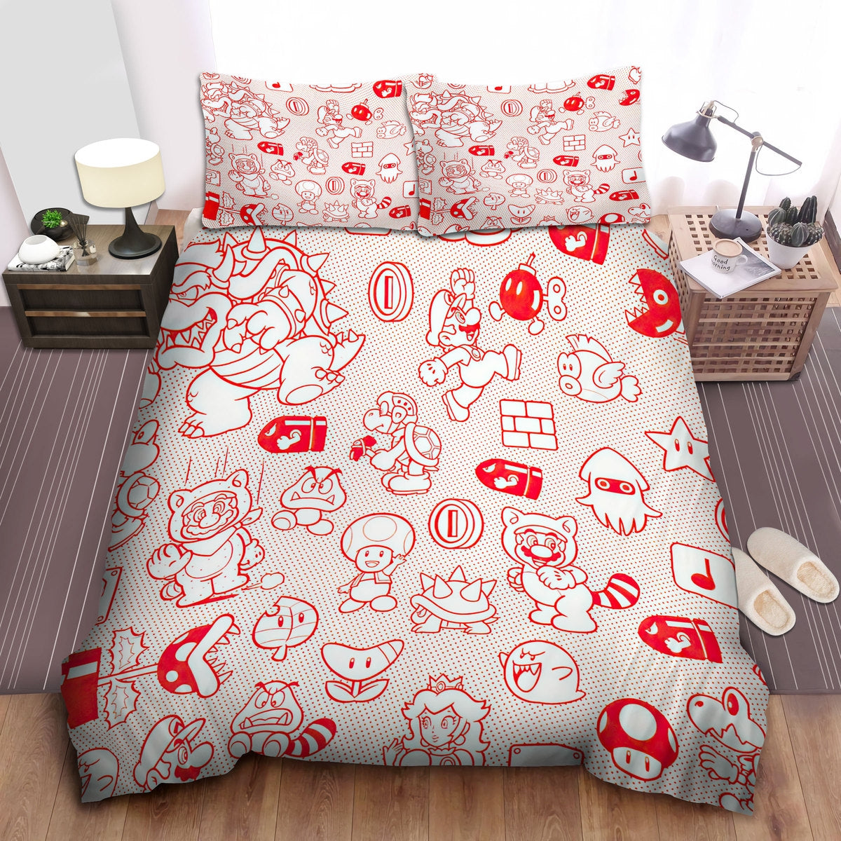 Mario Bedding Set Super Mario Red Line Drawing Characters Pattern Duvet Covers Red Unique Gift