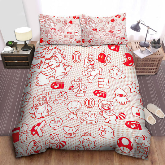 Mario Bedding Set Super Mario Red Line Drawing Characters Pattern Duvet Covers Red Unique Gift