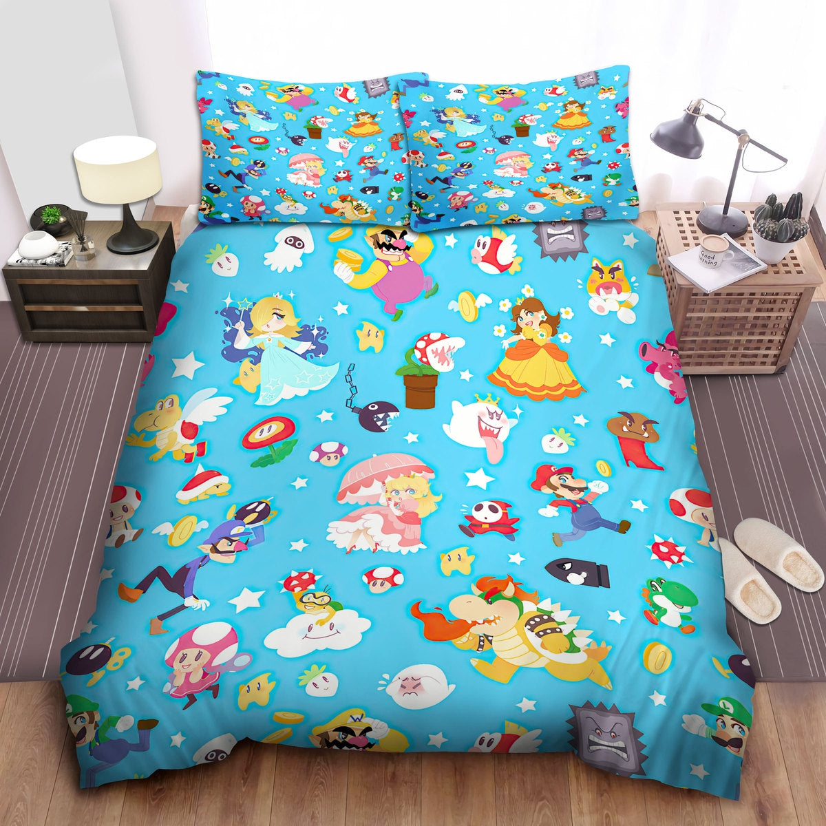 Mario Bedding Set Super Mario Characters Pattern Duvet Covers Blue Unique Gift