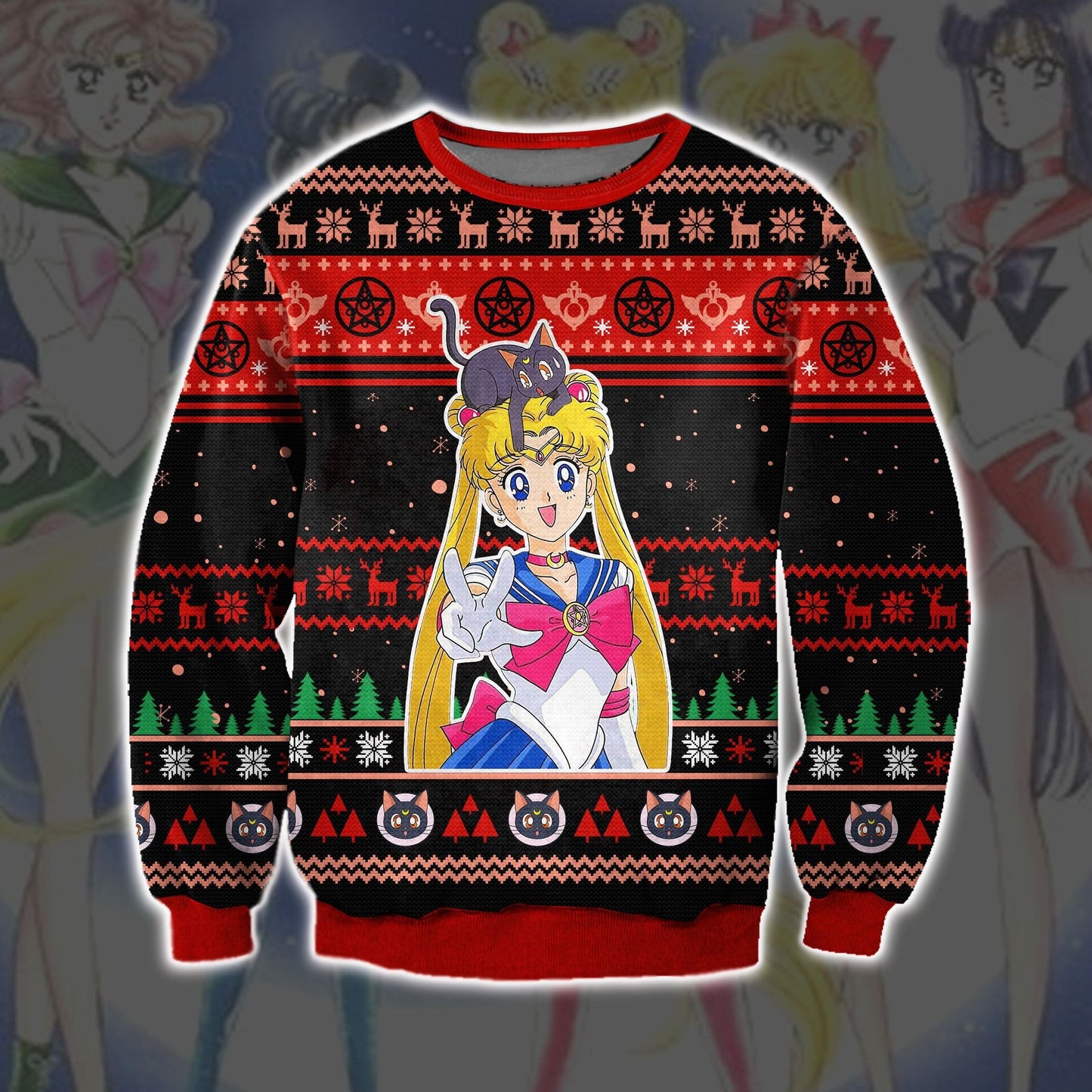 Sailor Moon Sweatshirt Sailor Moon Black Cat Christmas Sweatshirt Red Black Unisex