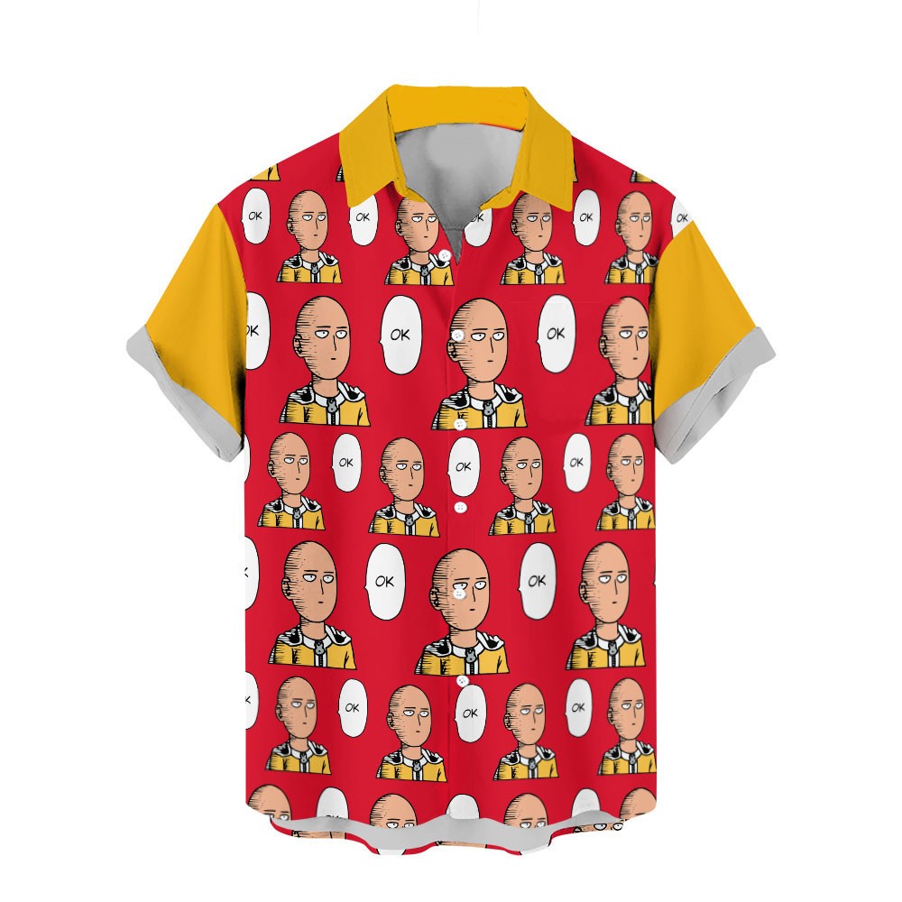 One Punch Man Hawaii Shirt Saitama Ok Funny Face Pattern Aloha Shirt Red Yellow Unisex