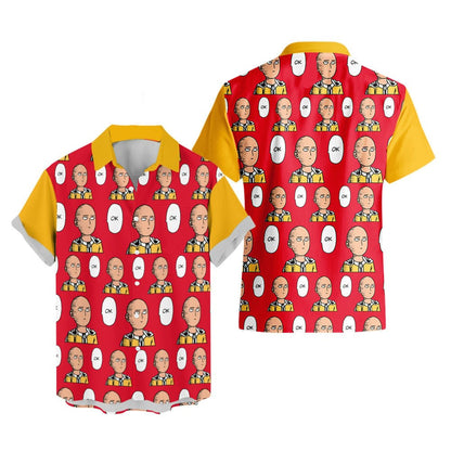 One Punch Man Hawaii Shirt Saitama Ok Funny Face Pattern Aloha Shirt Red Yellow Unisex